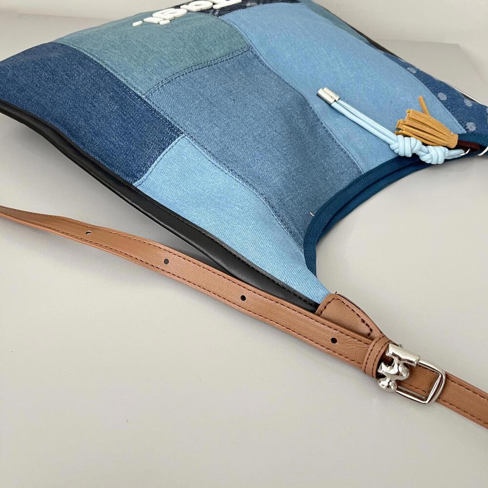Tag Patchwork Blue Shoulder Cosmetic Bag with Brown Strap - Picture 4 of 5
